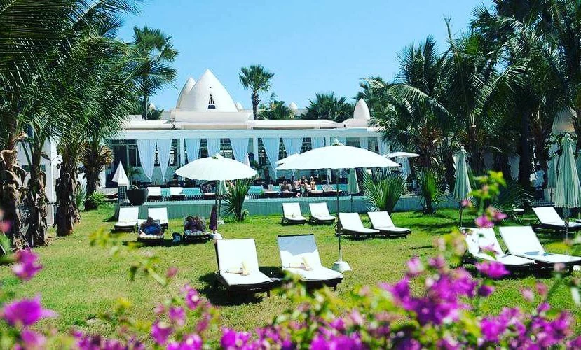 Garden loungers beside white Moroccan building